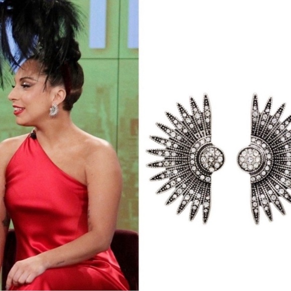 Silver Rhinestone Fan Designer Earrings - Picture 4 of 10